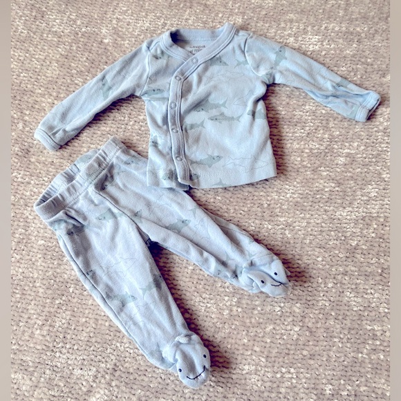 Carter’s Shark Print Pajama Set, Outfit, Blue and Gray, Newborn - Picture 1 of 6